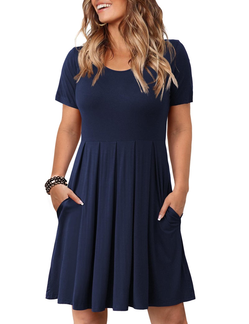 Tralilbee Women Short Sleeve A-Line Pleated Midi Dress Plus Size Navy Blue XL - Image 1